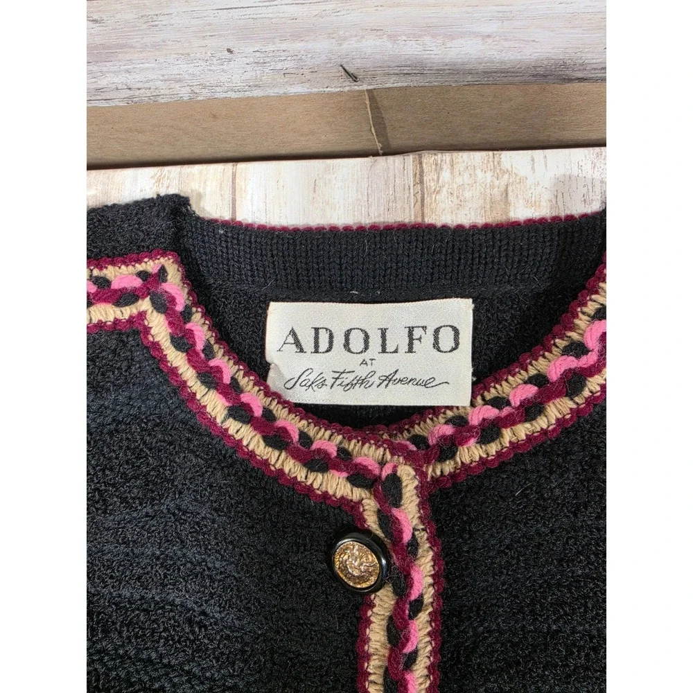 Adolfo Saks Fifth Avenue Vintage 3pc Skirt Suit Set Black Burgundy Knit Womens